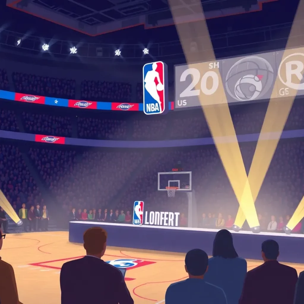An illustration of the NBA draft lottery event featuring team logos.