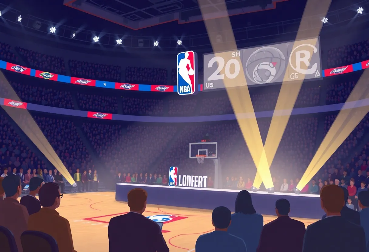 An illustration of the NBA draft lottery event featuring team logos.