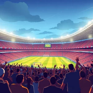 Illustration of the Olympic Stadium in Berlin filled with football fans.