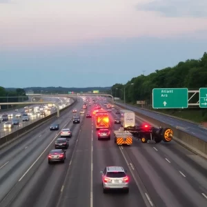 An overturned vehicle blocking a lane on Interstate 75 in Atlanta with emergency responders.