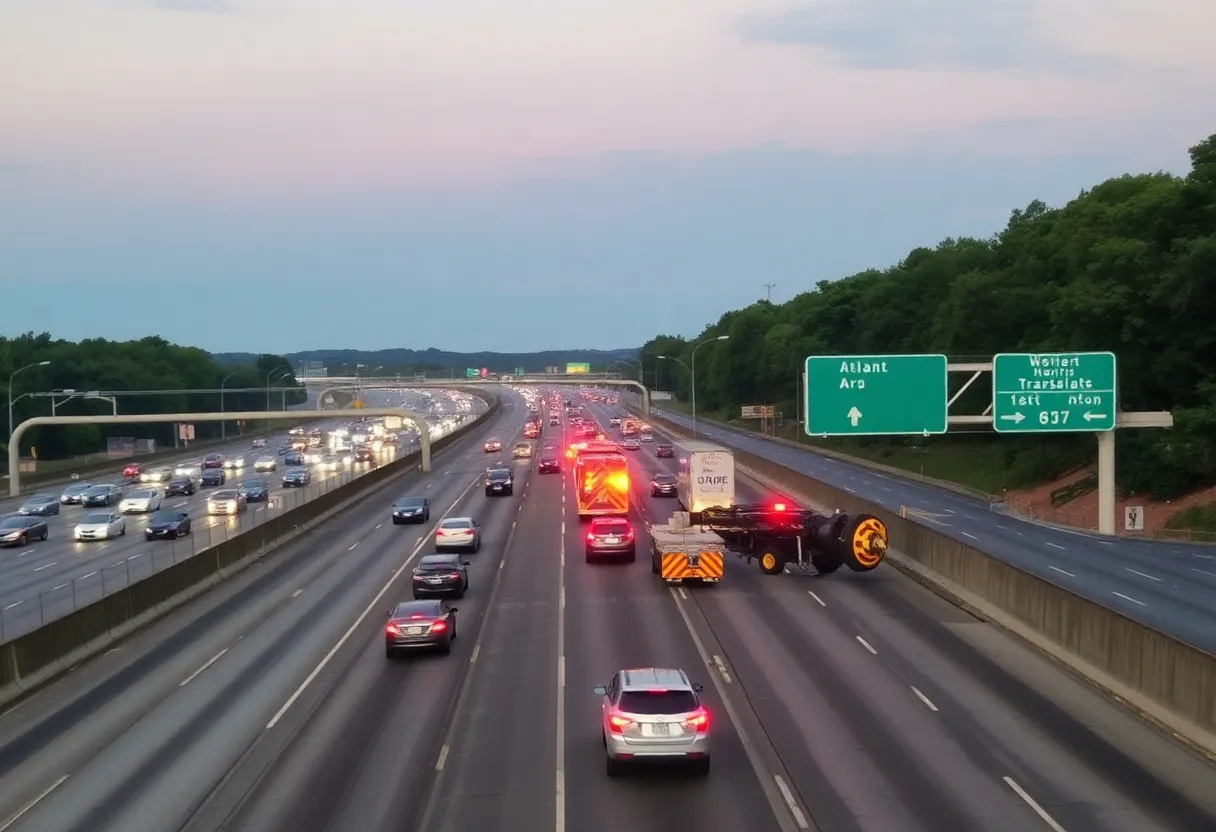 An overturned vehicle blocking a lane on Interstate 75 in Atlanta with emergency responders.