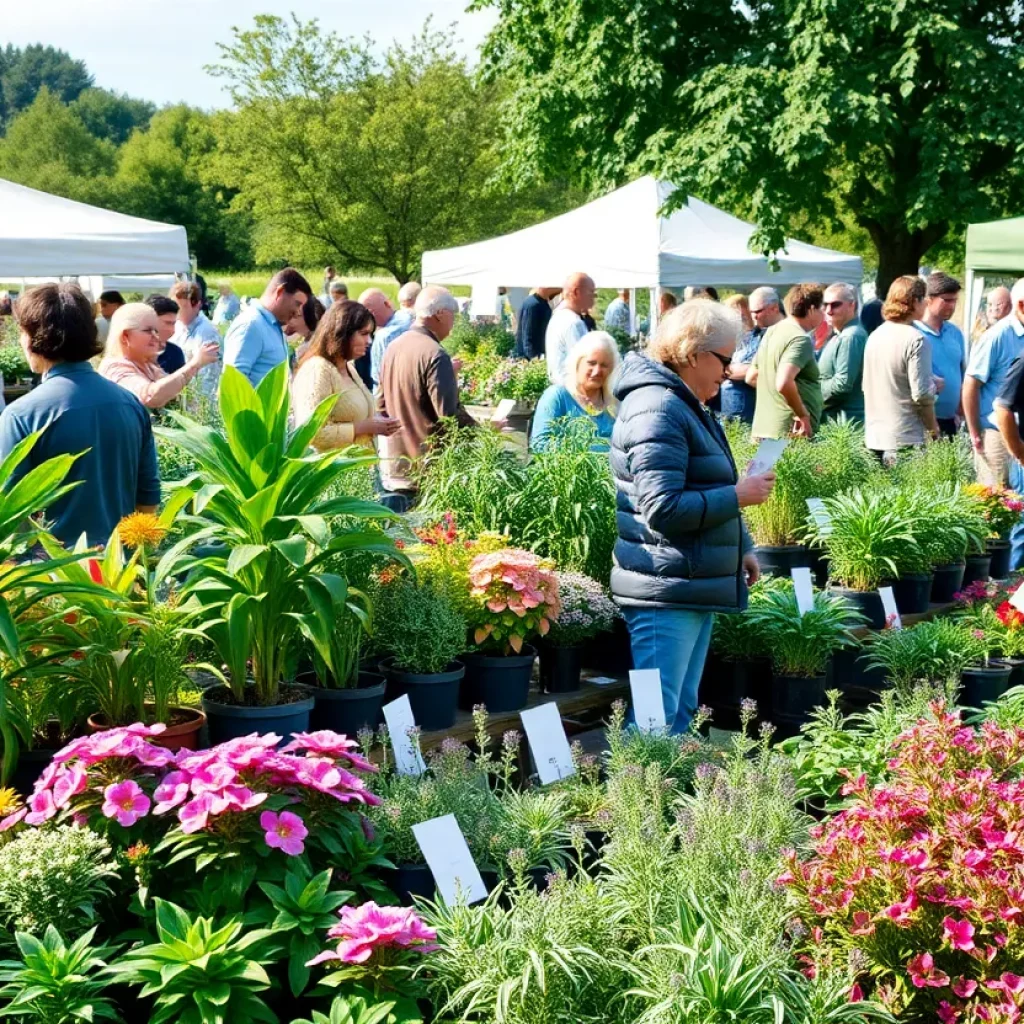Community members participating in a plant swap event in Atlanta, exchanging plants and engaging with each other.
