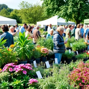 Community members participating in a plant swap event in Atlanta, exchanging plants and engaging with each other.