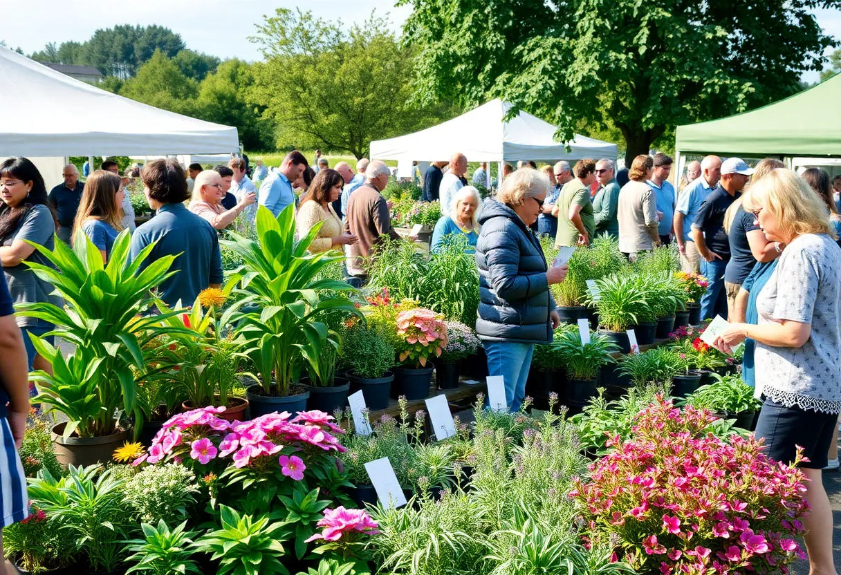 Community members participating in a plant swap event in Atlanta, exchanging plants and engaging with each other.
