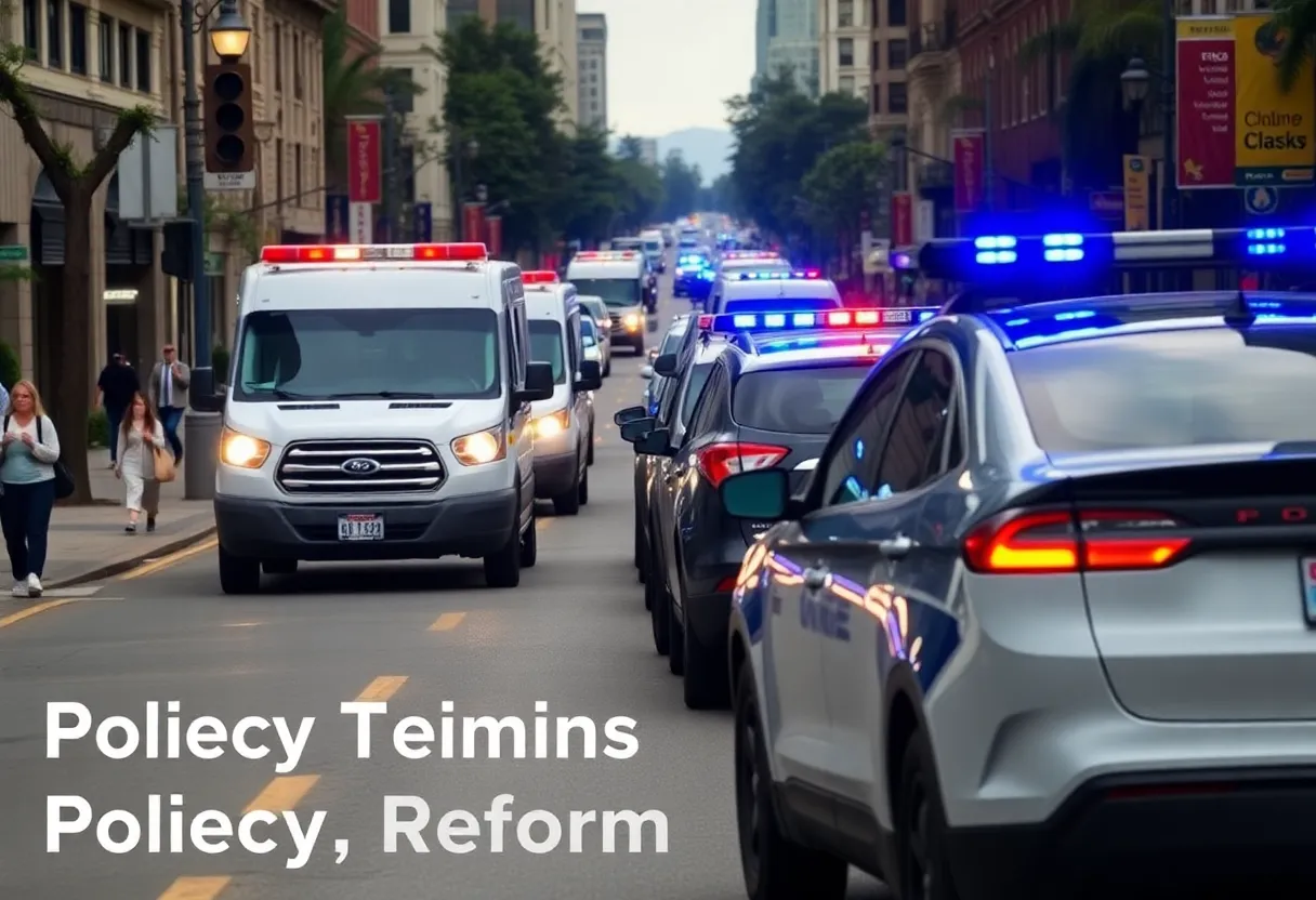 Police vehicles on a busy Atlanta street emphasizing police pursuit policies