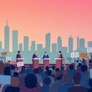 Debate stage focusing on immigration policies with audience members advocating for civil rights