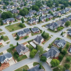 Aerial view of suburban neighborhoods in Georgia with single-family homes.