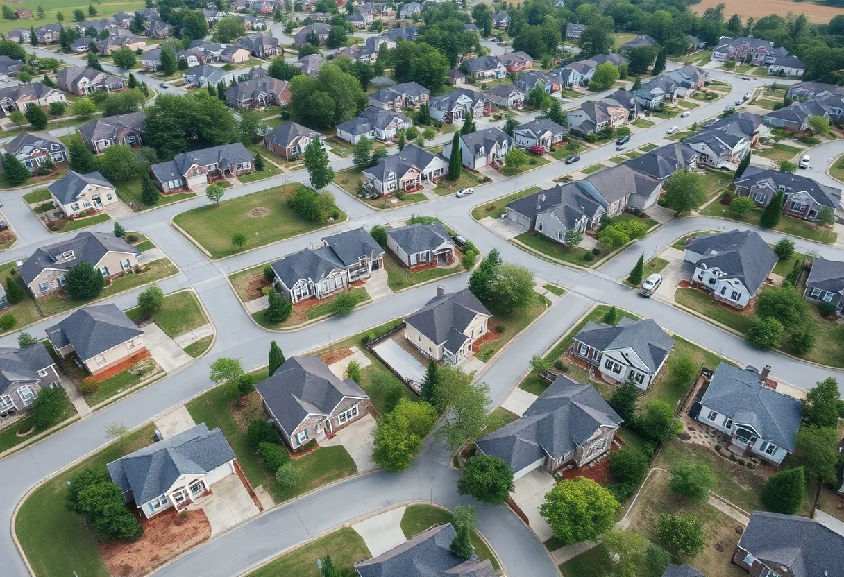Aerial view of suburban neighborhoods in Georgia with single-family homes.