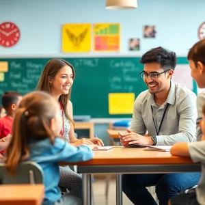 School counselor assisting students in a classroom setting