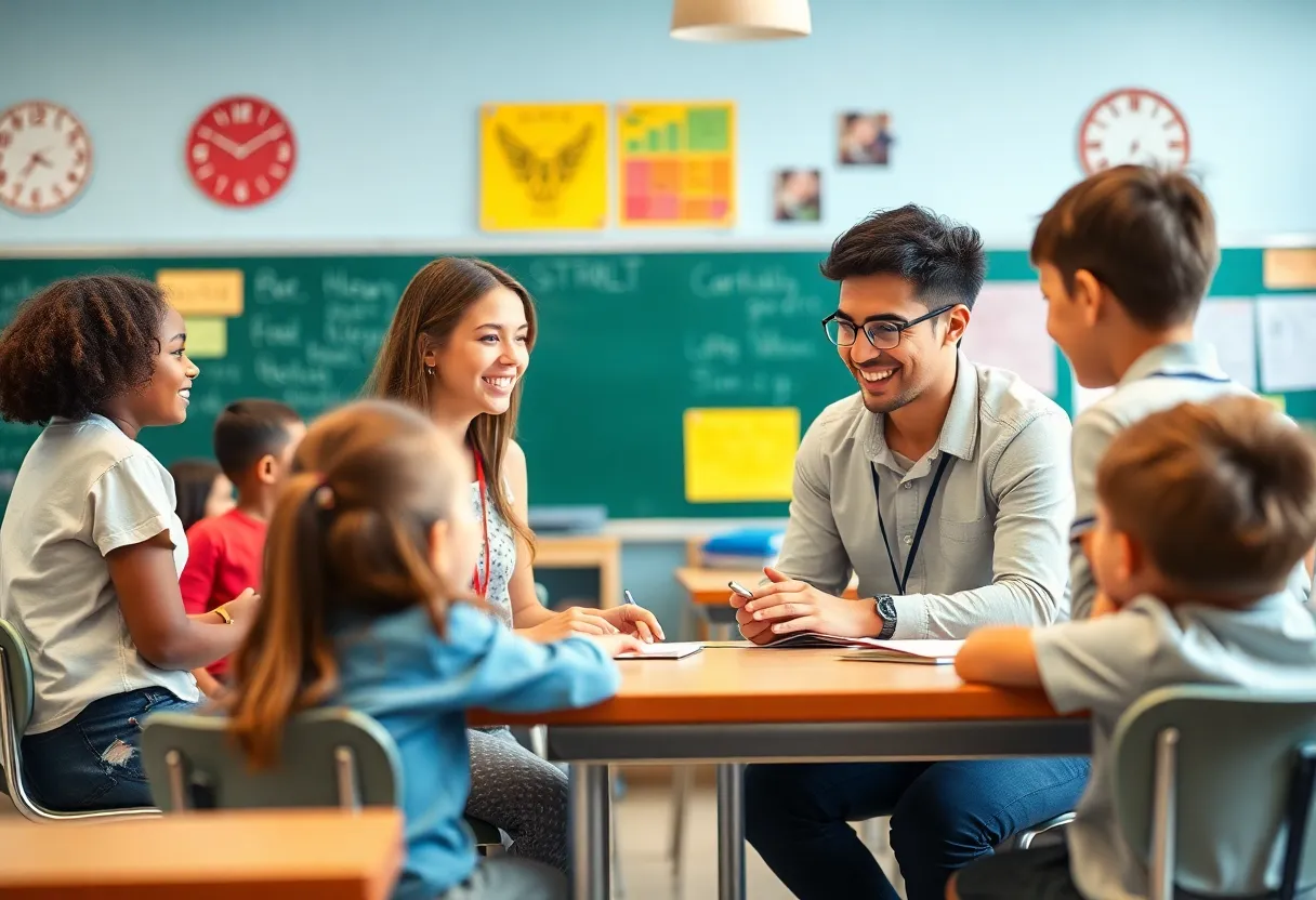 School counselor assisting students in a classroom setting