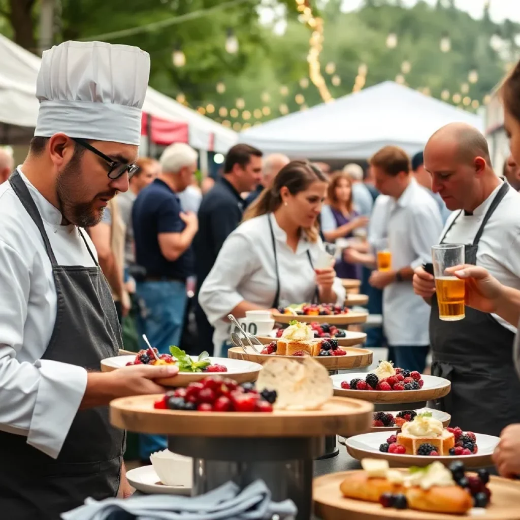 People enjoying the Serviceberry Fest with food and drinks