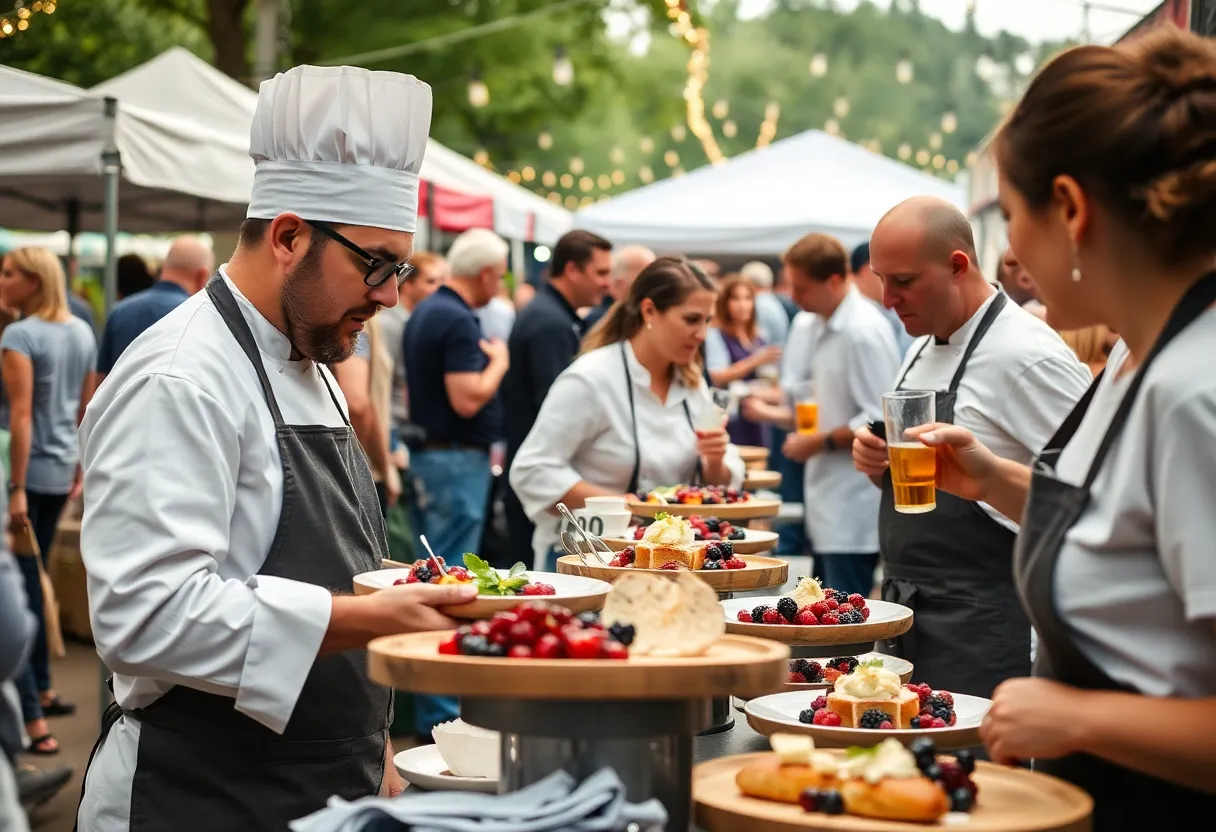 People enjoying the Serviceberry Fest with food and drinks