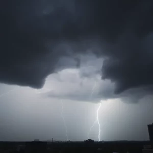 Dark clouds and lightning over Atlanta during a severe storm