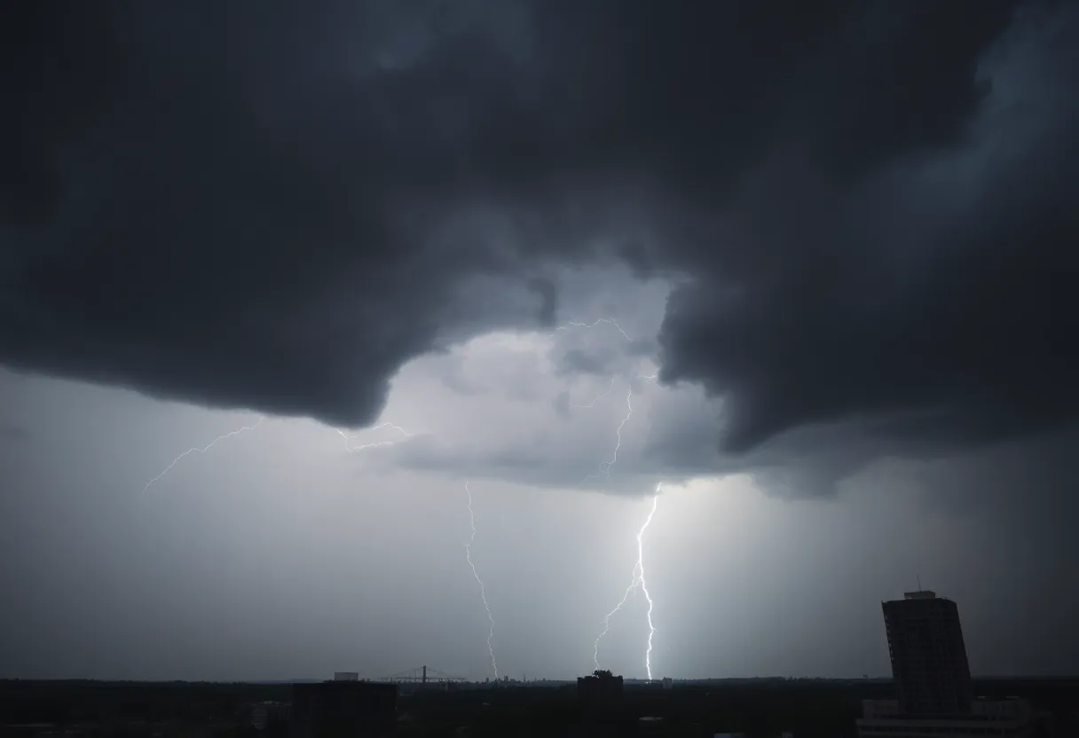Dark clouds and lightning over Atlanta during a severe storm
