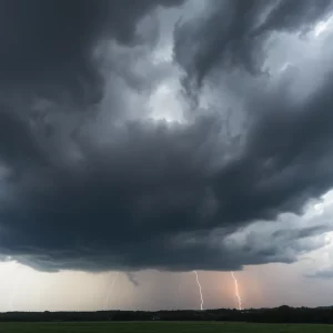 Dramatic storm clouds and lightning over a landscape in Georgia
