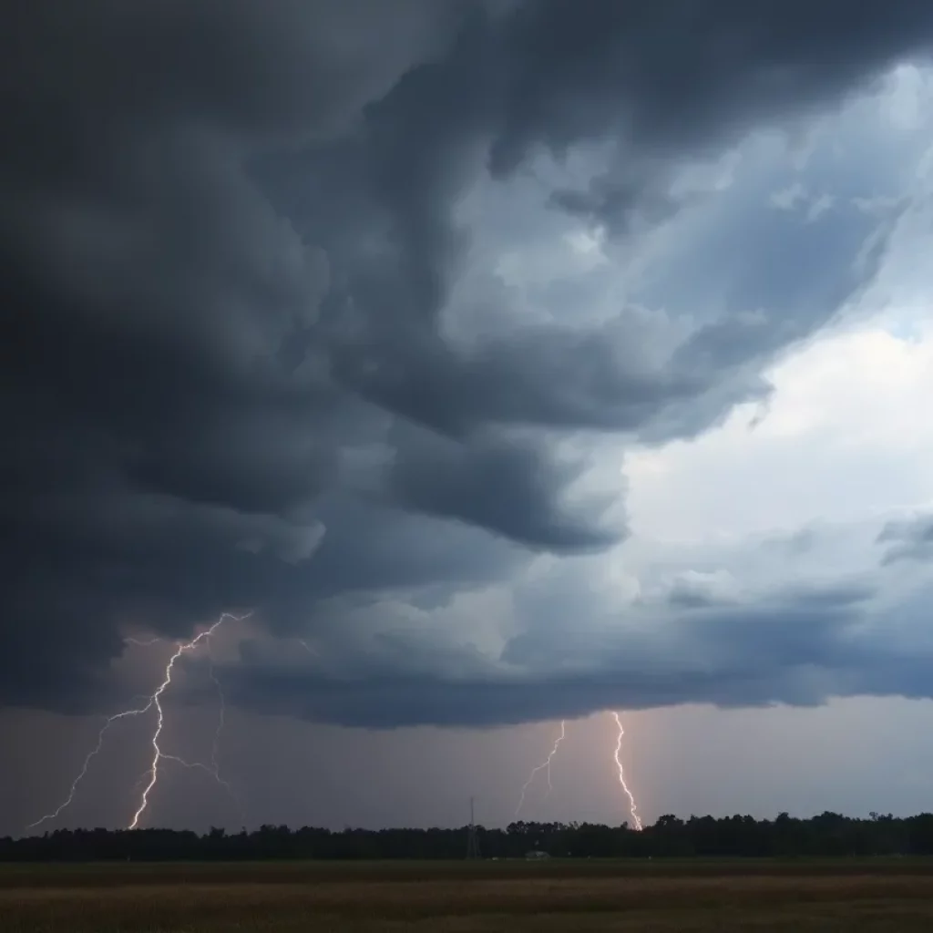 Dark storm clouds and lightning over a landscape in Georgia