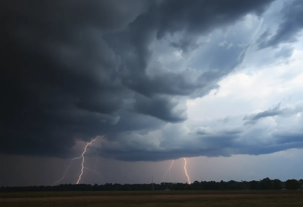 Dark storm clouds and lightning over a landscape in Georgia