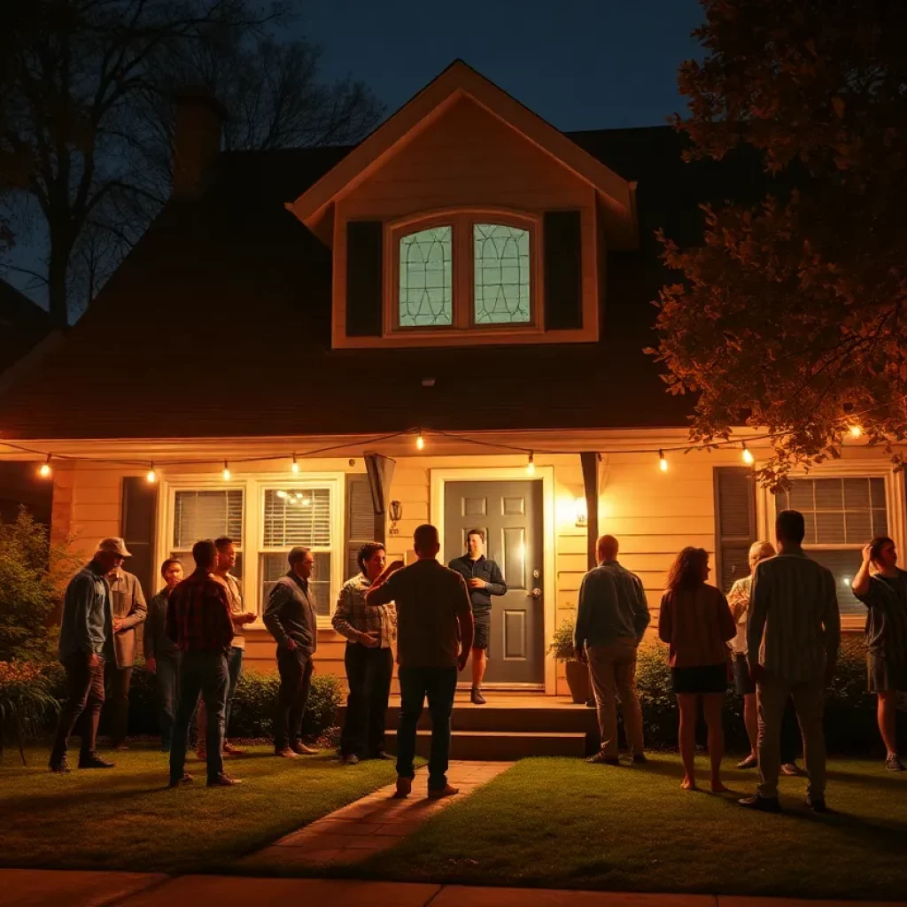 A family home being occupied by unauthorized residents with party decorations outside.