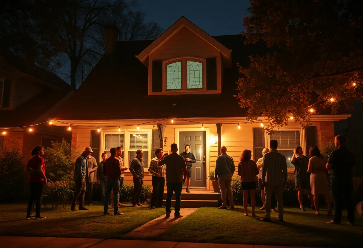 A family home being occupied by unauthorized residents with party decorations outside.