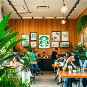 Interior of a Starbucks café with patrons enjoying drinks