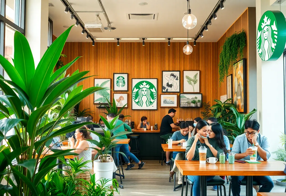 Interior of a Starbucks café with patrons enjoying drinks