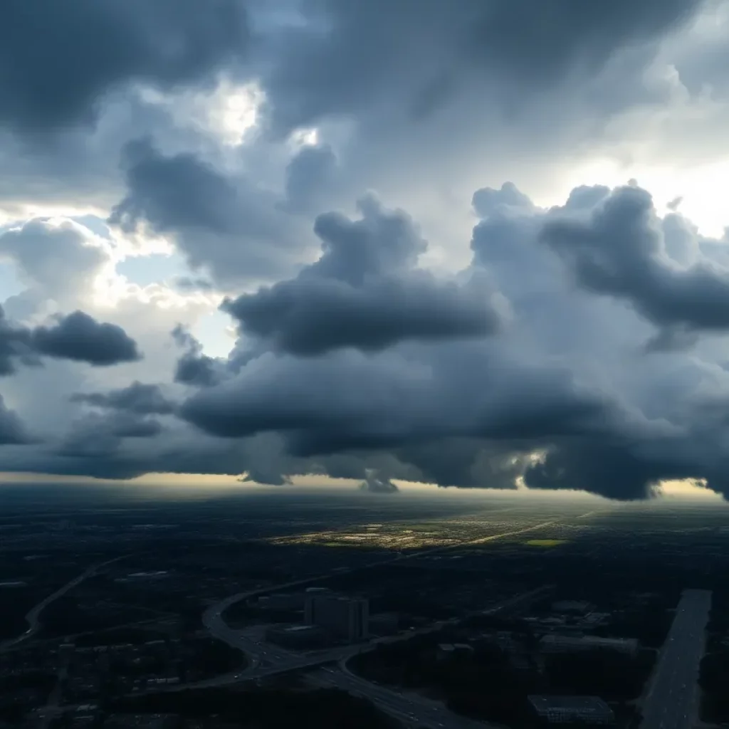 Aerial view of stormy skies above Atlanta