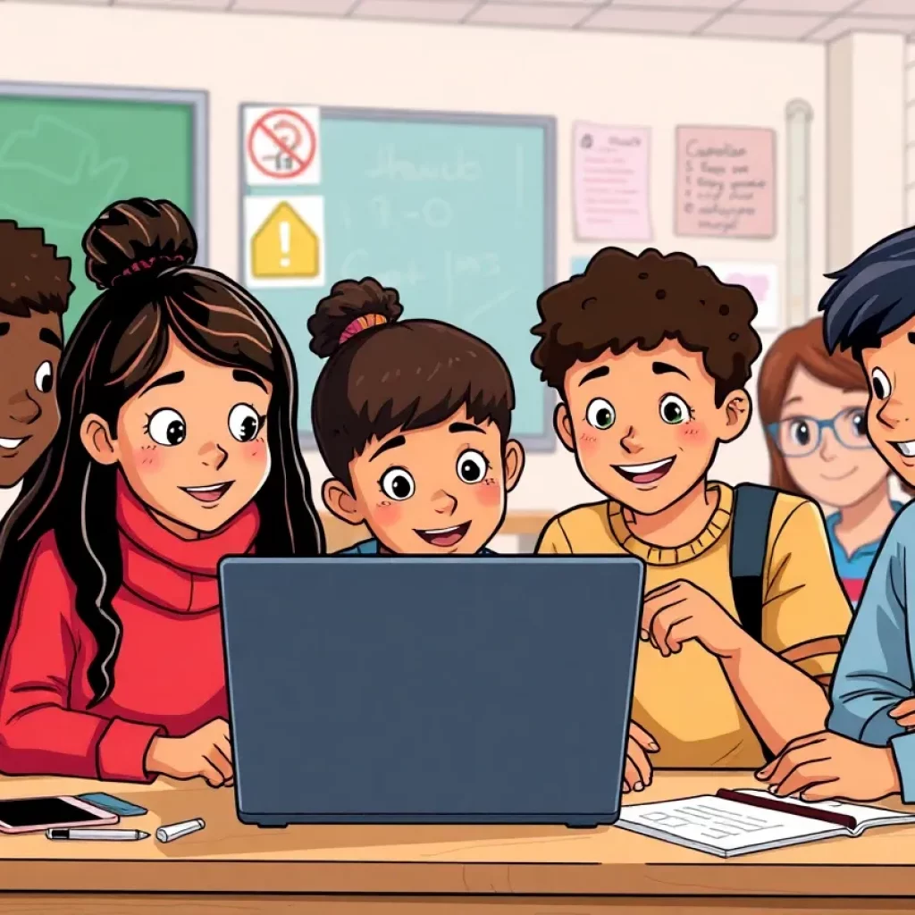Students discussing damaged Chromebooks in a classroom