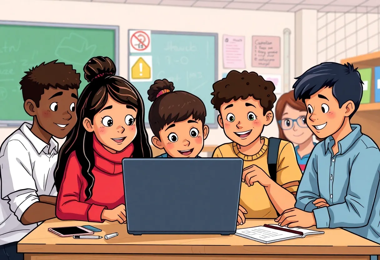 Students discussing damaged Chromebooks in a classroom