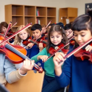 Students playing violins in a classroom setting at a music school.