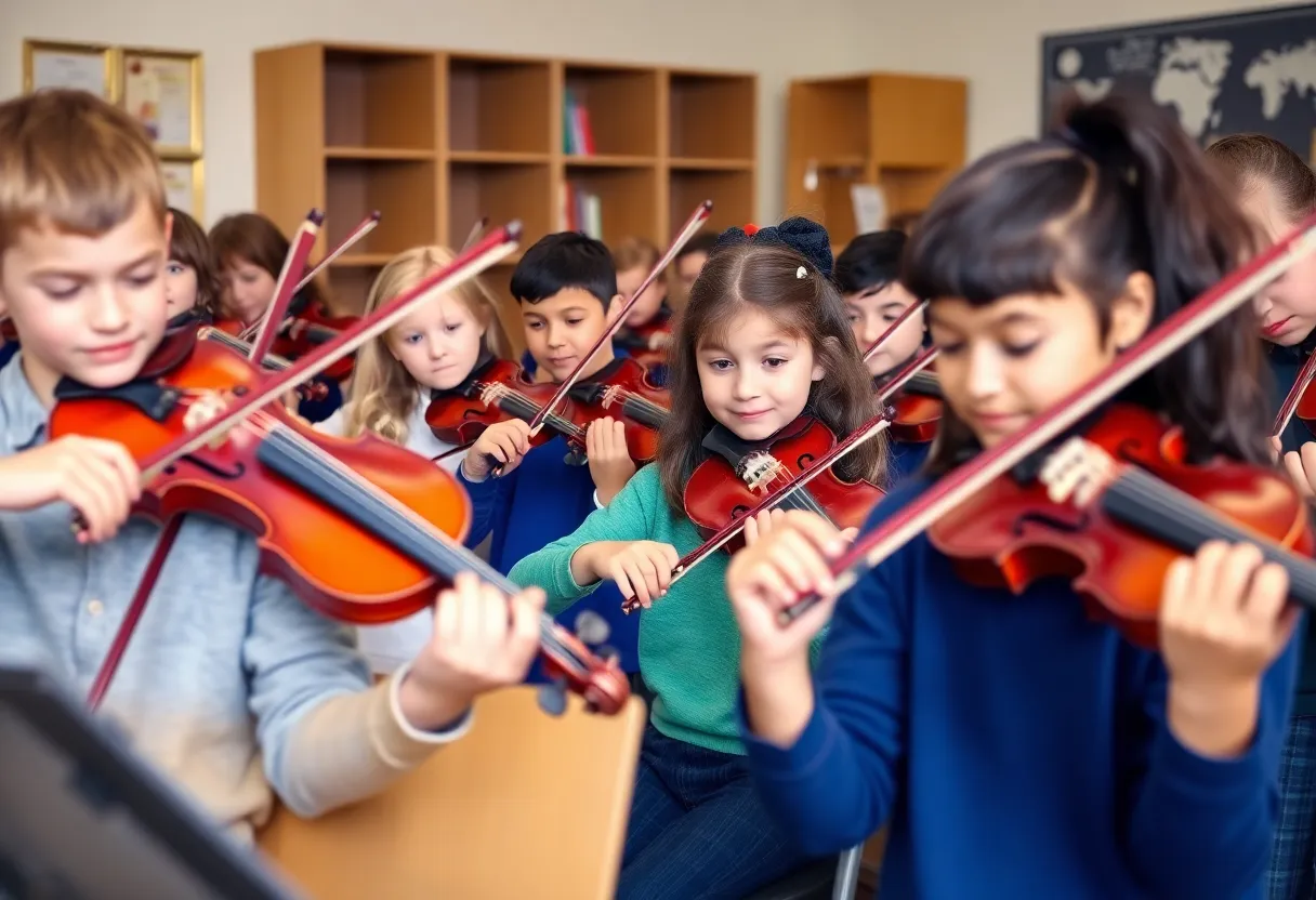 Students playing violins in a classroom setting at a music school.