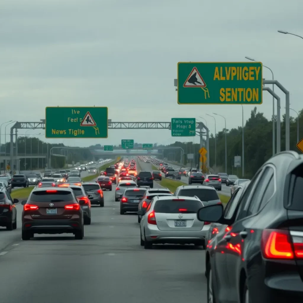 Highway traffic scene emphasizing safety and caution during holidays