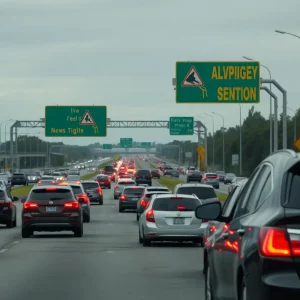 Highway traffic scene emphasizing safety and caution during holidays