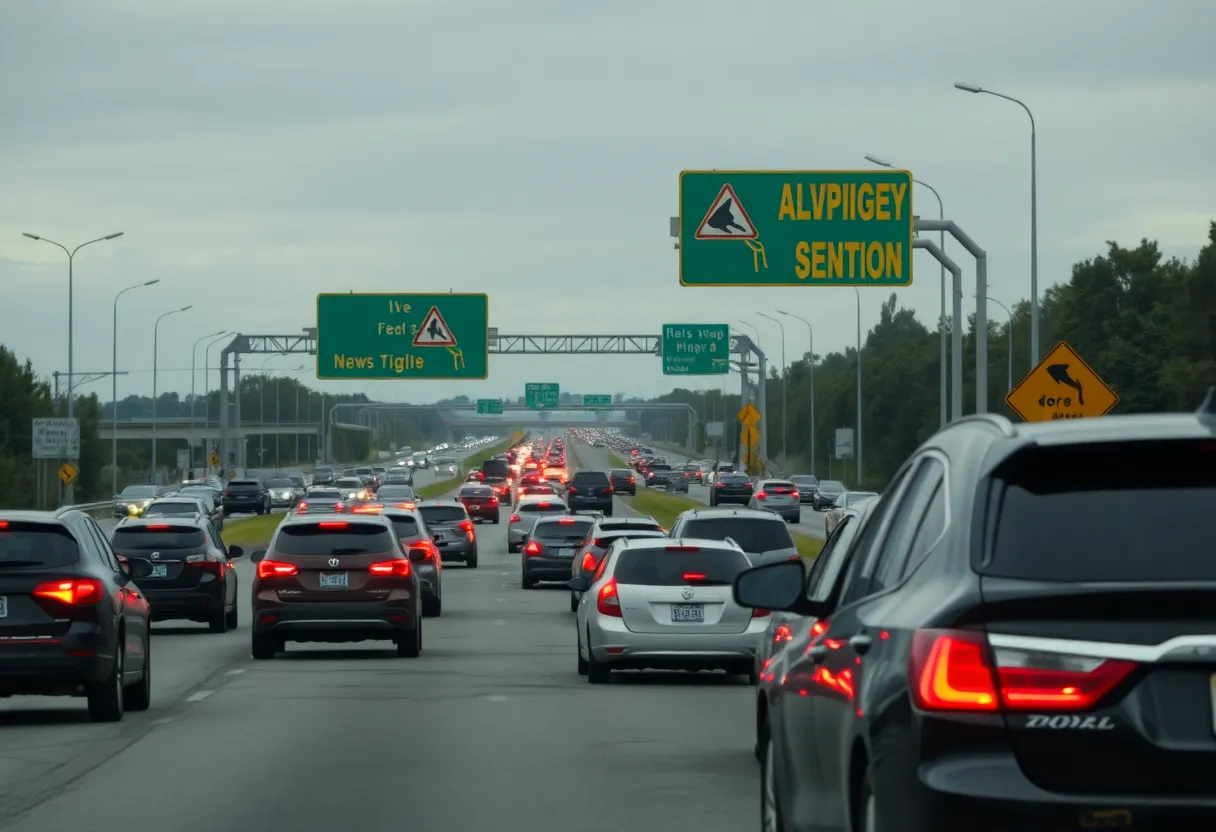 Highway traffic scene emphasizing safety and caution during holidays