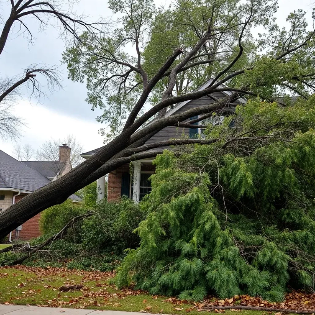 A fallen tree on a house in Atlanta after a storm