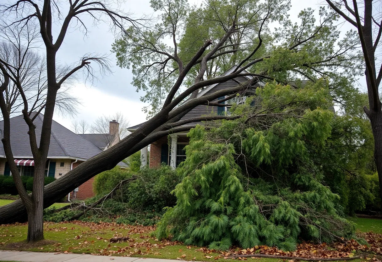 A fallen tree on a house in Atlanta after a storm
