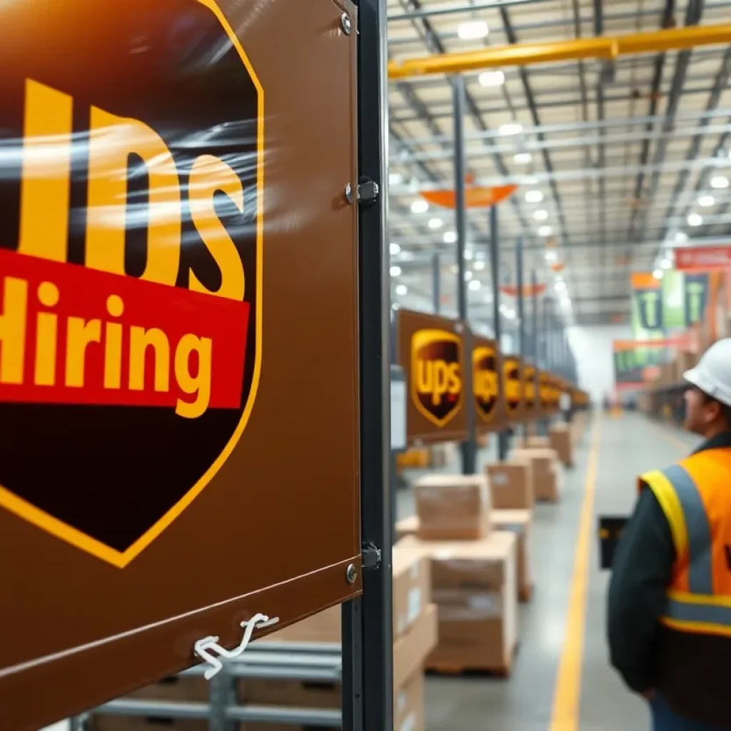 Inside view of a UPS facility with signs indicating job cuts.