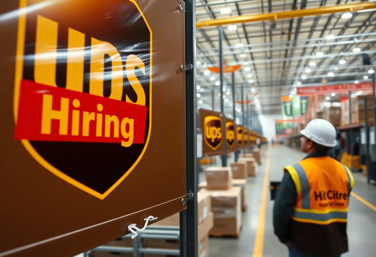 Inside view of a UPS facility with signs indicating job cuts.