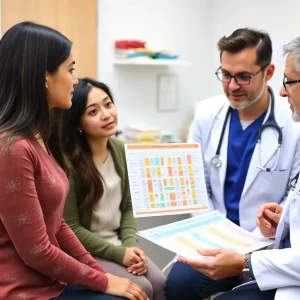 A pediatrician explaining vaccination importance to parents in a clinic