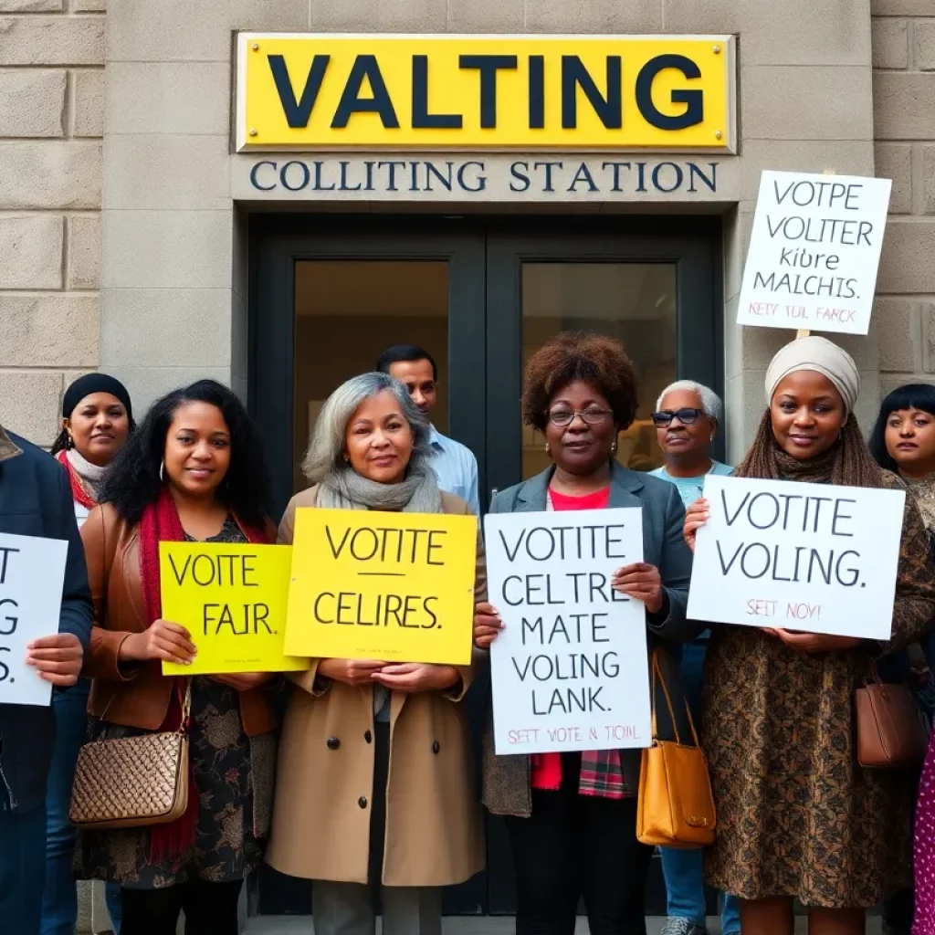Voters at a polling station advocating for fair representation and voting rights in Georgia