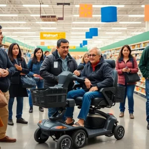 Interior of a Walmart with shoppers and a scooter designed for individuals with disabilities.