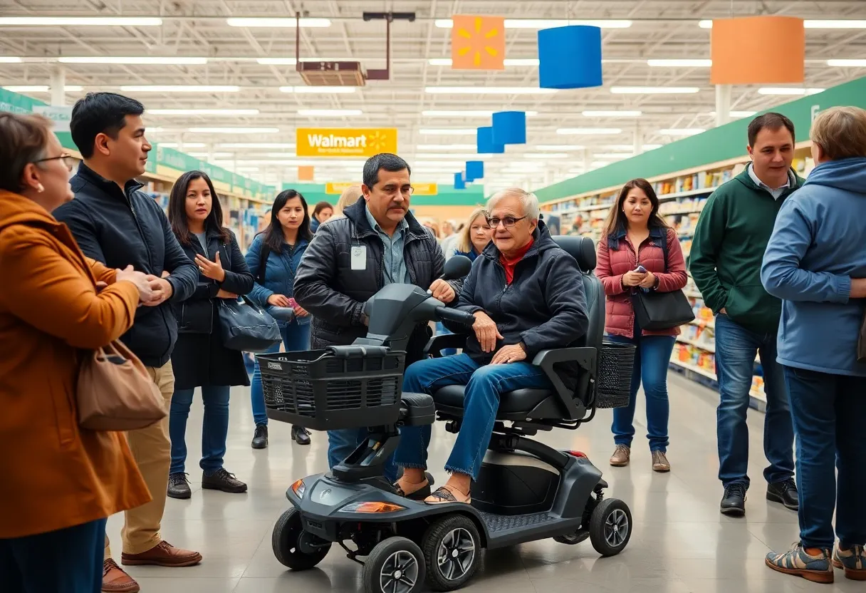 Interior of a Walmart with shoppers and a scooter designed for individuals with disabilities.