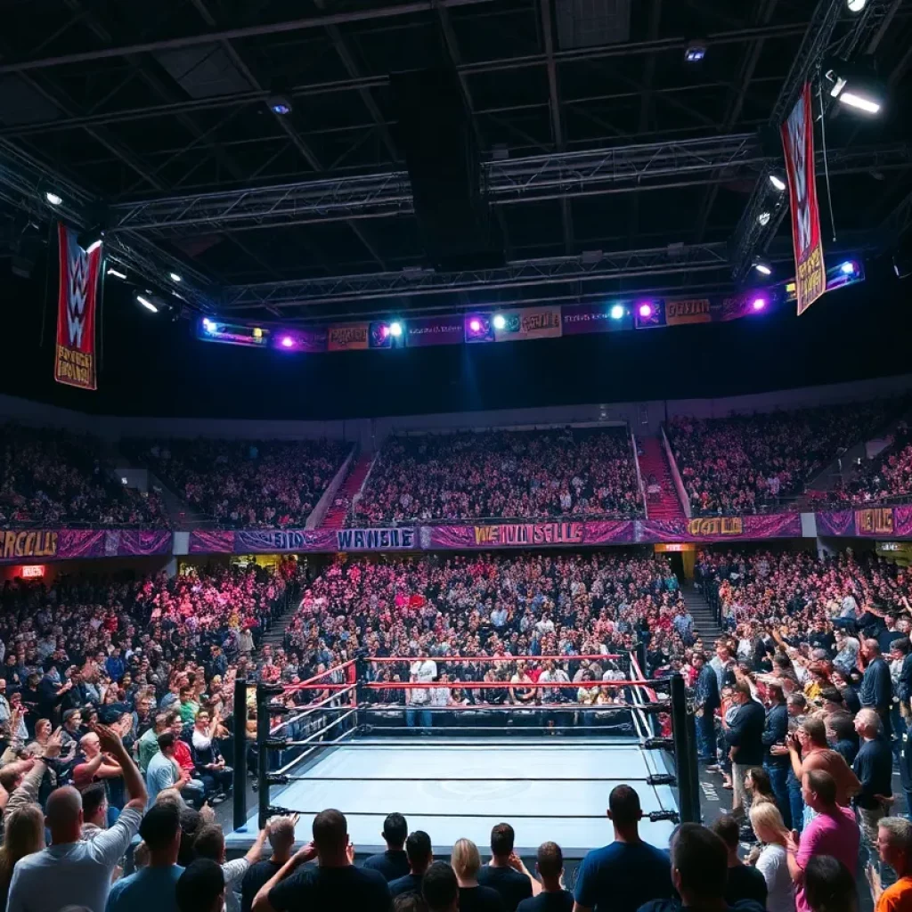 Wrestling event at State Farm Arena in Atlanta with enthusiastic fans.