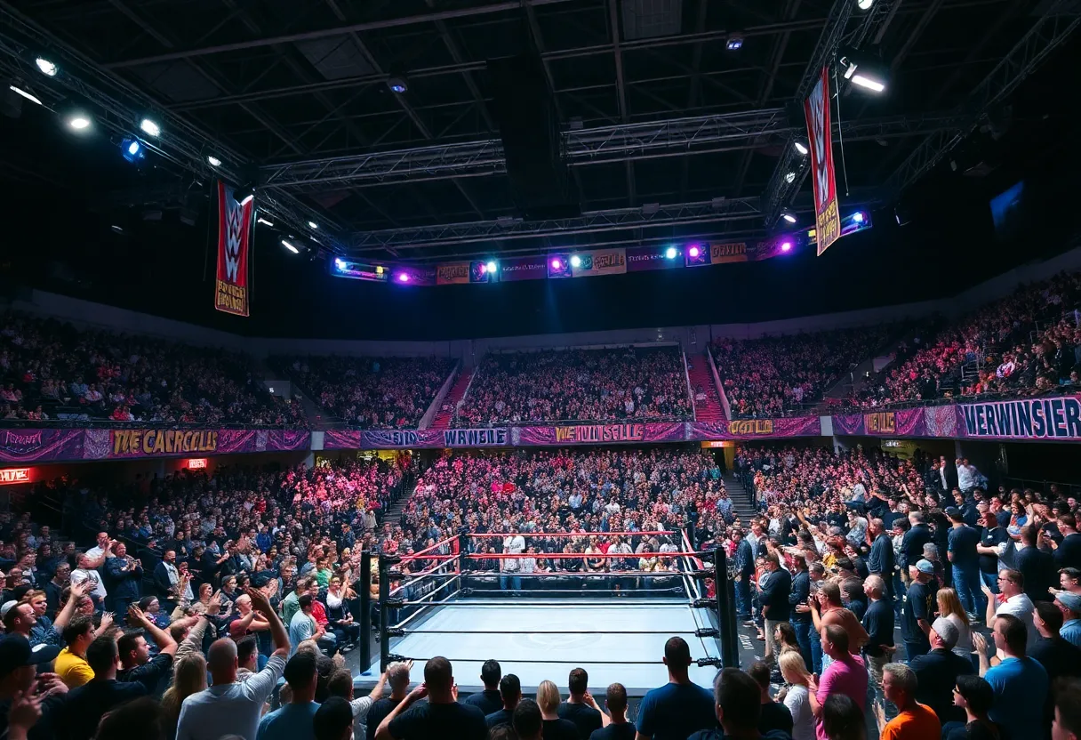 Wrestling event at State Farm Arena in Atlanta with enthusiastic fans.