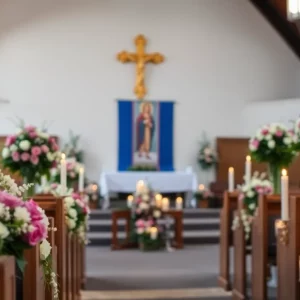 Funeral service setup with flowers and candles