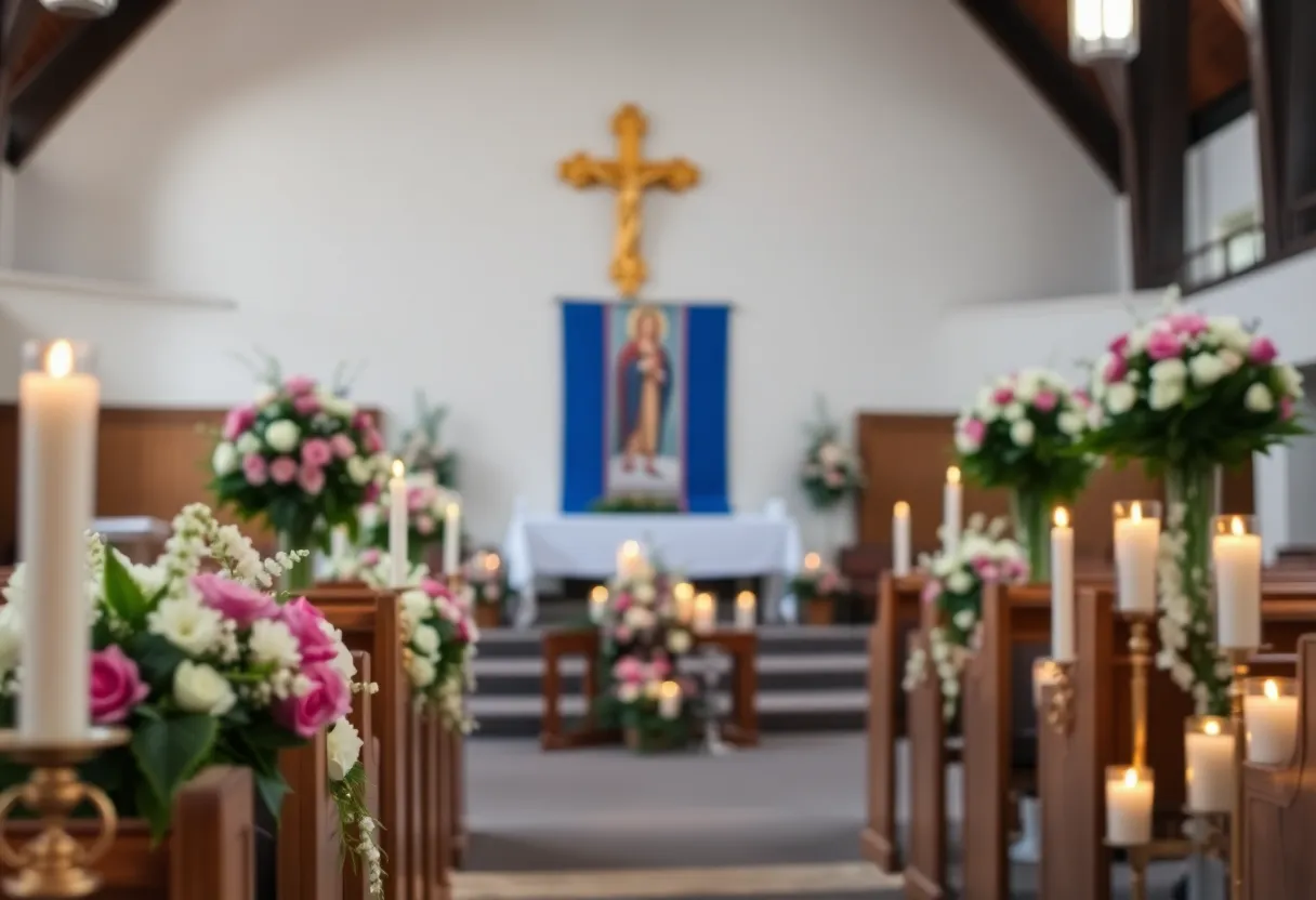 Funeral service setup with flowers and candles