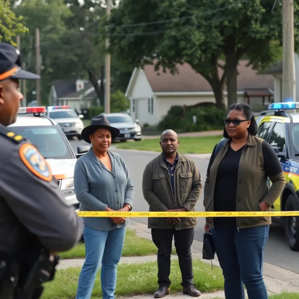 Community members discussing child safety with police in a neighborhood