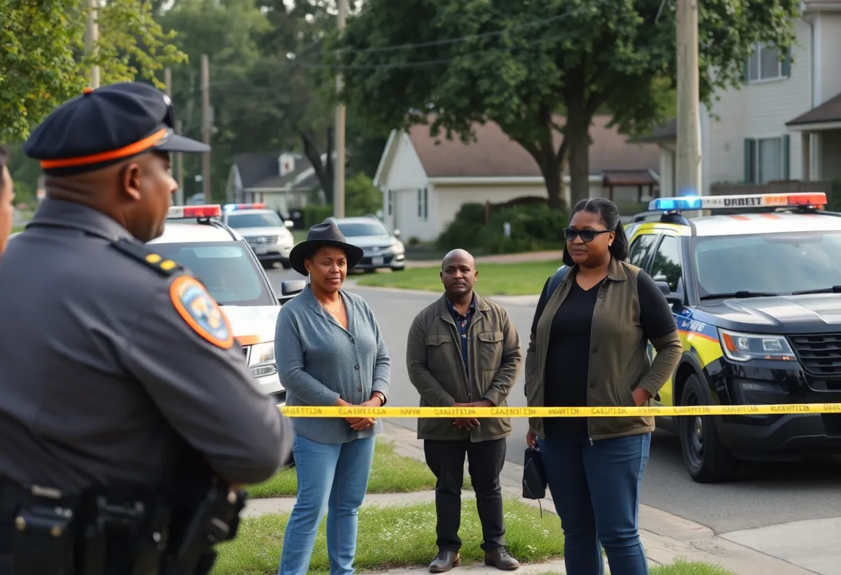 Community members discussing child safety with police in a neighborhood