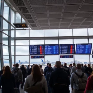 Travelers at an airport during severe weather conditions