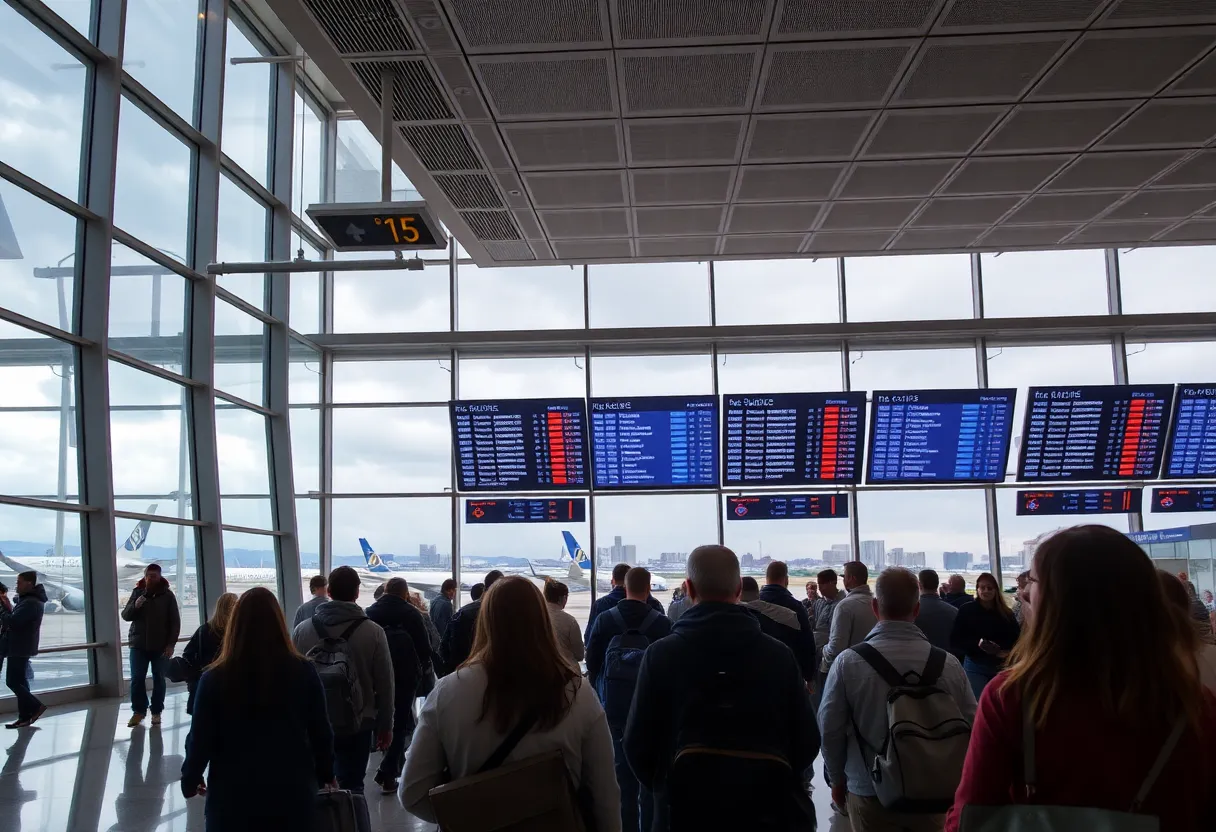 Travelers at an airport during severe weather conditions