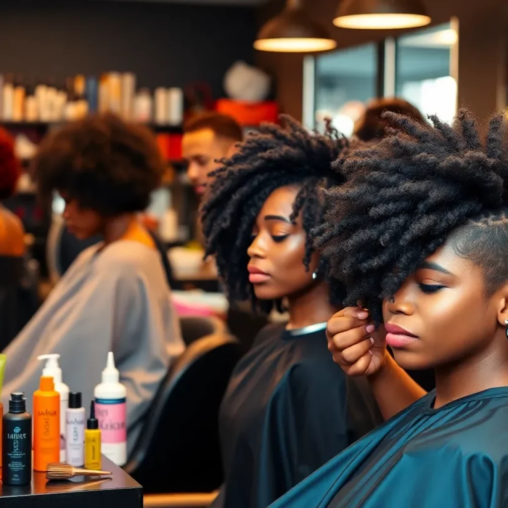 Diverse hair care products in an Atlanta salon for Black hair.
